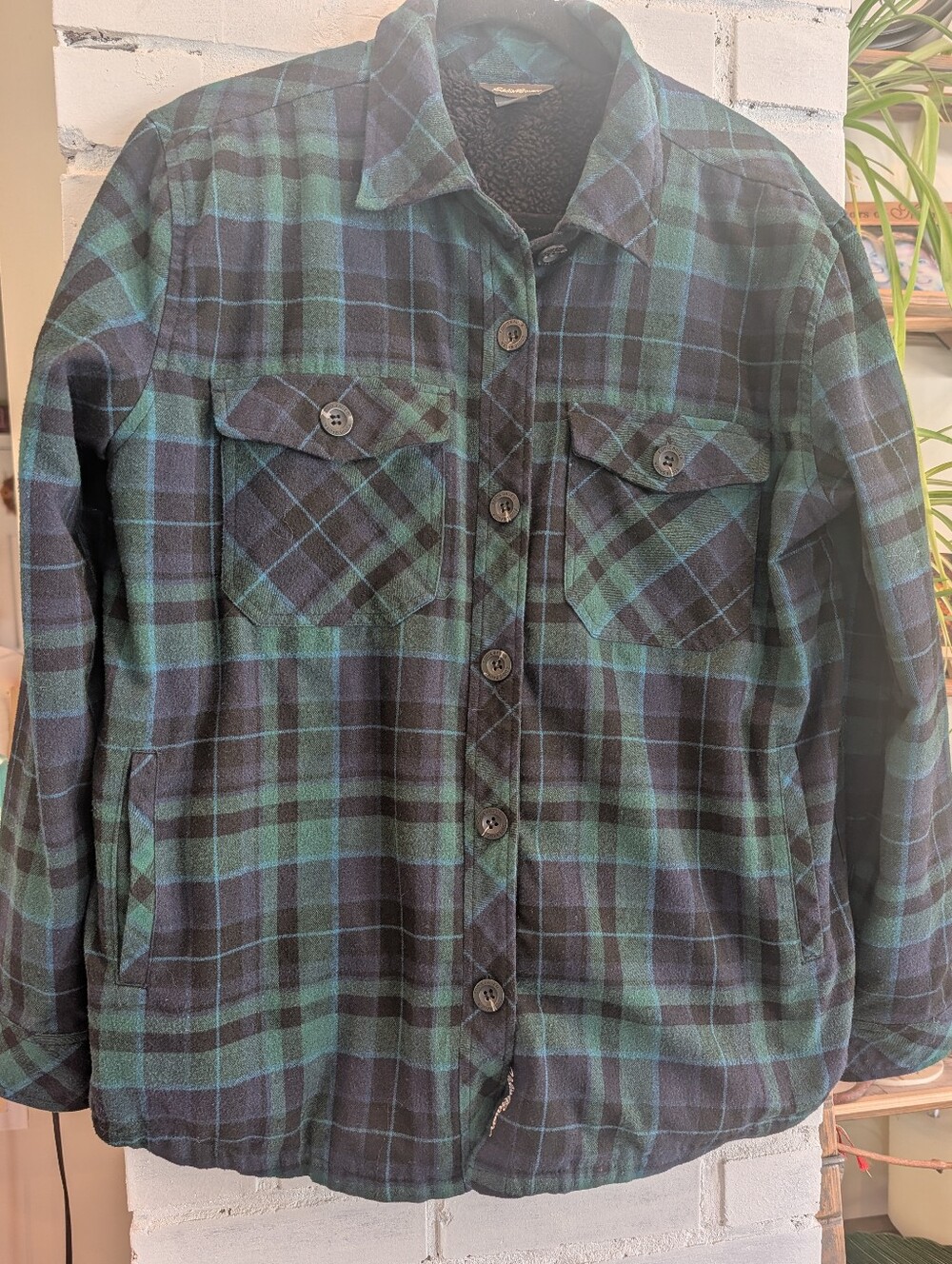 Eddie Bauer Black & Green Plaid Sherpa-Lined Shirt Jacket